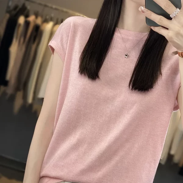 Camiseta feminina de malha de seda gelo manga curta, pulôver gola redonda, regata fina sem mangas, parte inferior casual solta - Image 6