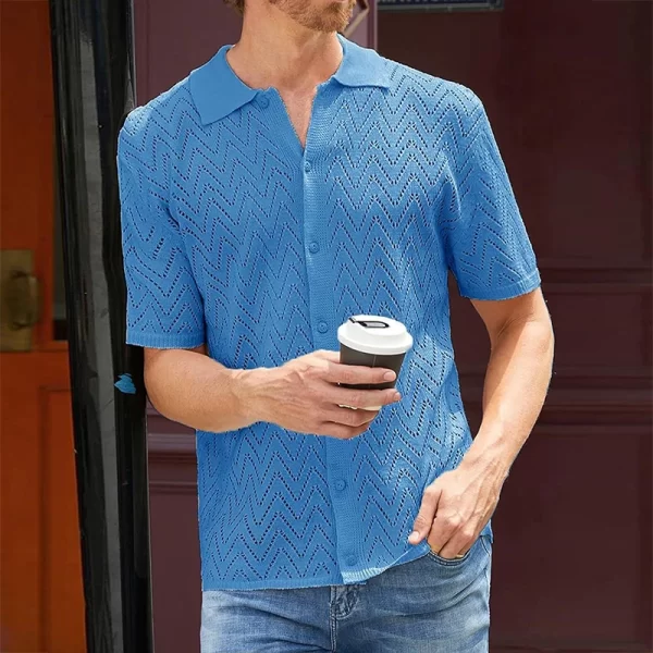 Camisa masculina, manga curta, de malha oca casual respirável, lapela abotoada, de praia, primavera, verão, cor sólida. - Image 3