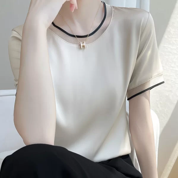 Camiseta manga curta feminina, verão nova, em torno do pescoço pulôver moda malha de cetim na altura do joelho saia cor sólida fina. - Image 6