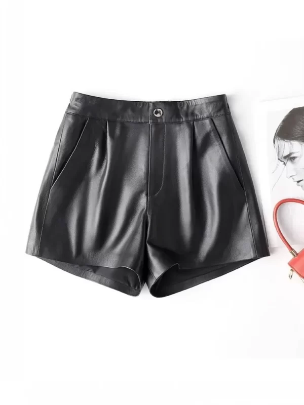 Shorts feminino de couro genuíno, pele de carneiro, cintura alta, perna larga, elástico, casual, preto, moda primavera - Image 2