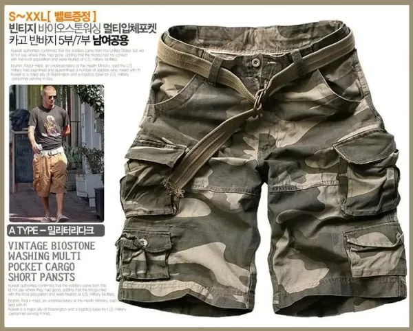Bermuda masculina de verão com bolsos, meia calça camuflada, casuais soltos de camuflagem, altura do joelho com cinto. - Image 11