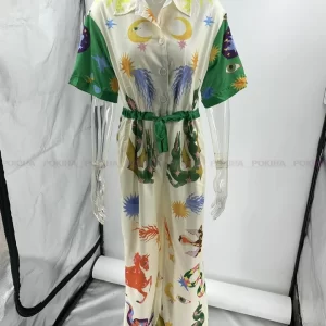 Macacão CIL com gola polo feminino,  chique solta, gráfico estampado vintage, manga curta, calça comprida casual com cordão, elegante.