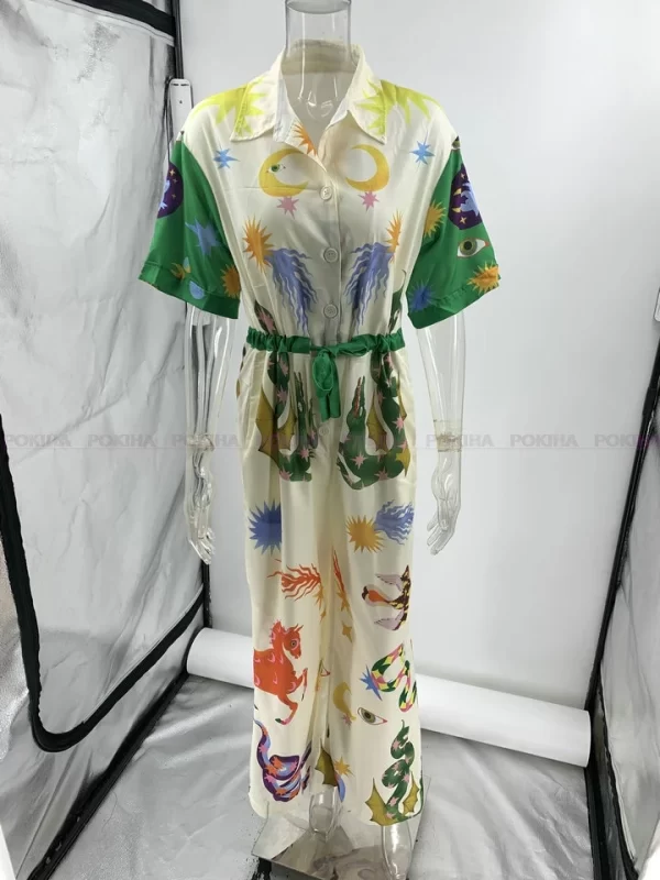 Macacão CIL com gola polo feminino,  chique solta, gráfico estampado vintage, manga curta, calça comprida casual com cordão, elegante.