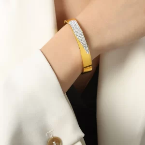 Pulseira de aço inoxidável redonda de luxo feminina, pulseira de cristal banhado a ouro, presente namorada.