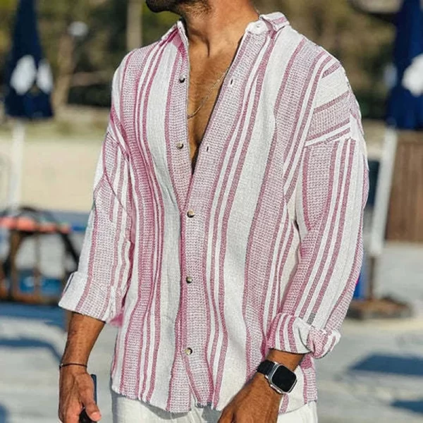 Camisa masculina com estampa listrada vintage, manga longa, com lapela abotoada, extragrande, tops soltos da moda, casual, primavera. - Image 4
