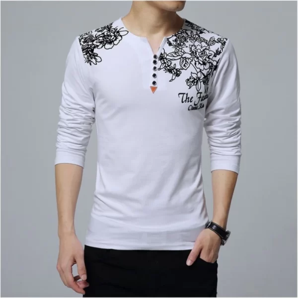 Camiseta manga longa masculina, com estampa floral, colar Henry, botão decora, tops masculinos, plus size, 5XL, moda outono. - Image 2