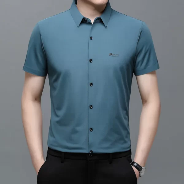 Camisa masculina, manga curta,  gola virada para baixo, tops soltos, sem engomar, sem costura, respirável, negócio, casual, high-end, moda. - Image 2