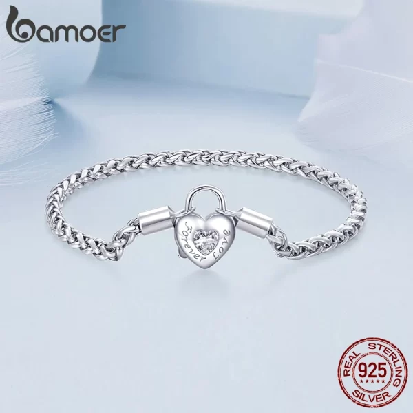 Pulseira básica de prata esterlina feminina, Bamoer, Bloqueio do Coração, Amor Para Sempre, Cadeia Chapeada, Platina, Presente Elegante, Joias Finas - Image 3