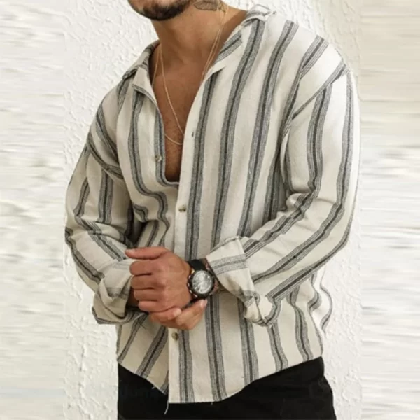 Camisa masculina com estampa listrada vintage, manga longa, com lapela abotoada, extragrande, tops soltos da moda, casual, primavera. - Image 5