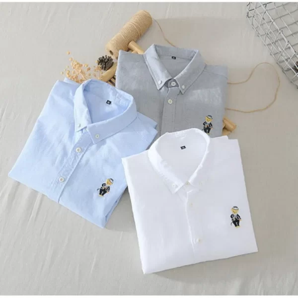 Camisa masculina, manga longa, Alta Qualidade 100% Algodão Japonês, Cor Sólida Casual, Pouco Urso Bordado Camisa Fit GZ10. - Image 5