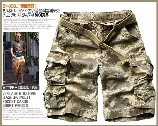 Bermuda masculina de verão com bolsos, meia calça camuflada, casuais soltos de camuflagem, altura do joelho com cinto. - Image 10