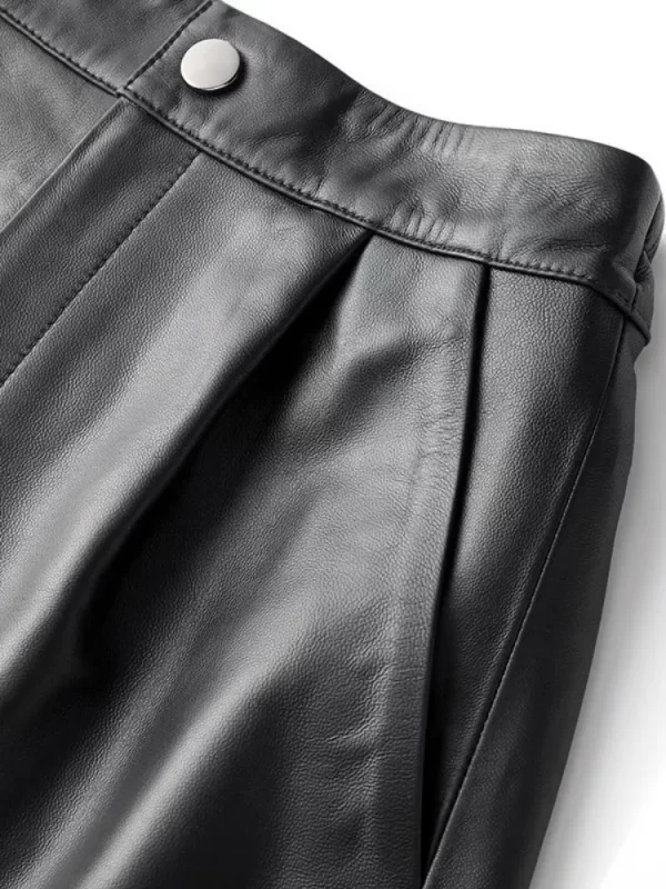 Shorts feminino de couro genuíno, pele de carneiro, cintura alta, perna larga, elástico, casual, preto, moda primavera - Image 4
