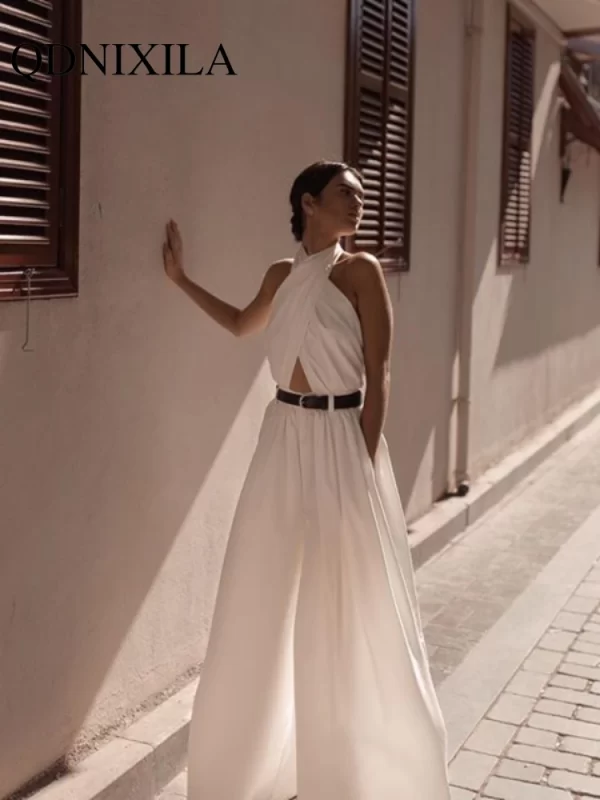Macacão feminino de perna larga, branco e magro, calça comprida,  sem costas, macacão sexy, verão. - Image 3