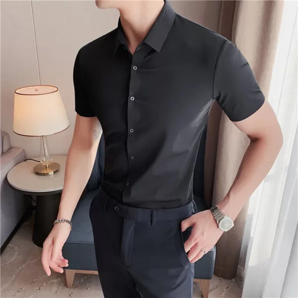 Camisa masculina, manga curta,  casual, alta elasticidade, sem costura, luxo, negócio, vestido formal, social, alta qualidade. - Image 8