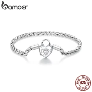 Pulseira básica de prata esterlina feminina, Bamoer, Bloqueio do Coração, Amor Para Sempre, Cadeia Chapeada, Platina, Presente Elegante, Joias Finas