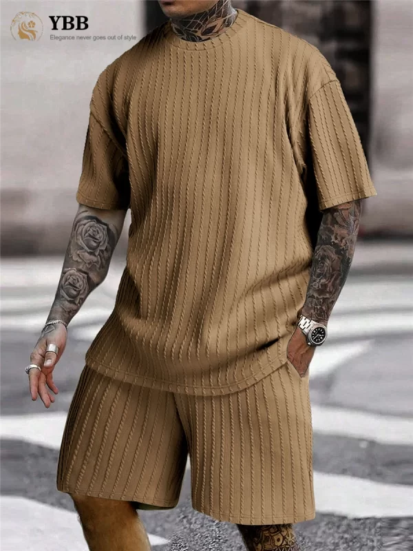 Conjunto de camiseta e shorts de manga curta masculino, listra sólida, casuais de ginástica, streetwear, nova moda, primavera, verão, 2 peças. - Image 3