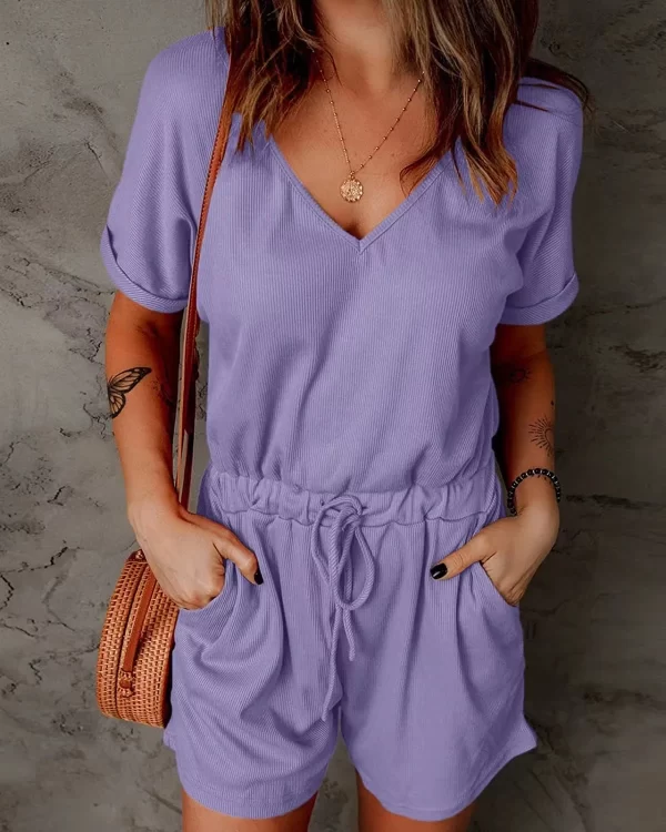 Macacão com bolsos feminino, com bolsos, decote em v, manga curta, shorts casuais, calça jogger, verão. - Image 13