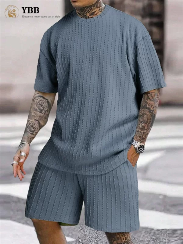 Conjunto de camiseta e shorts de manga curta masculino, listra sólida, casuais de ginástica, streetwear, nova moda, primavera, verão, 2 peças. - Image 4