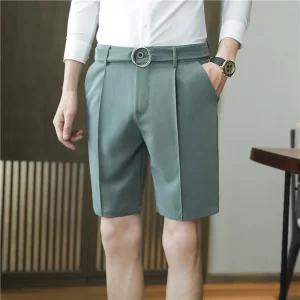 Bermuda masculina plissada branca, slim fit, casual de trabalho, roupa respirável, conforto, moda coreana, verão.