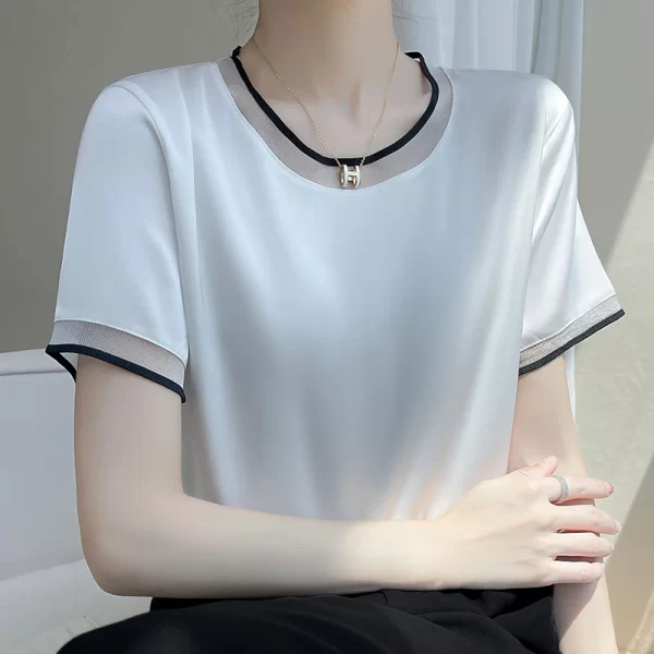 Camiseta manga curta feminina, verão nova, em torno do pescoço pulôver moda malha de cetim na altura do joelho saia cor sólida fina. - Image 2