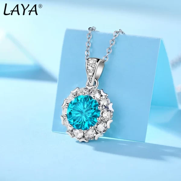 Colar em prata esterlina 925 feminino, Laya 100%, 1ct azul moissanite forma redonda design pingente, noiva, aniversário, casamento jóias. - Image 3