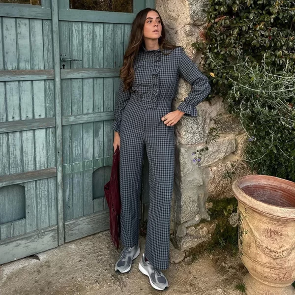 Macacão xadrez, elegante, feminino, de babados, manga longa, meia gola alta, camisa de peito único, calça reta, bolso. - Image 7
