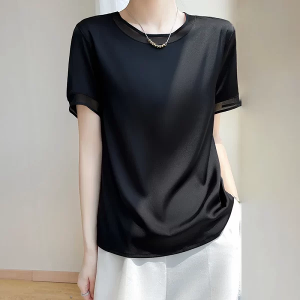 Camiseta manga curta feminina, verão nova, em torno do pescoço pulôver moda malha de cetim na altura do joelho saia cor sólida fina. - Image 8