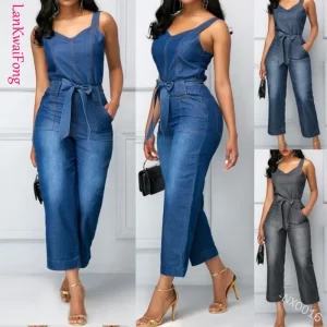 Macacão jeans feminino, slim fit, fosco, cinto branco, reto, pendulares, moda casual.
