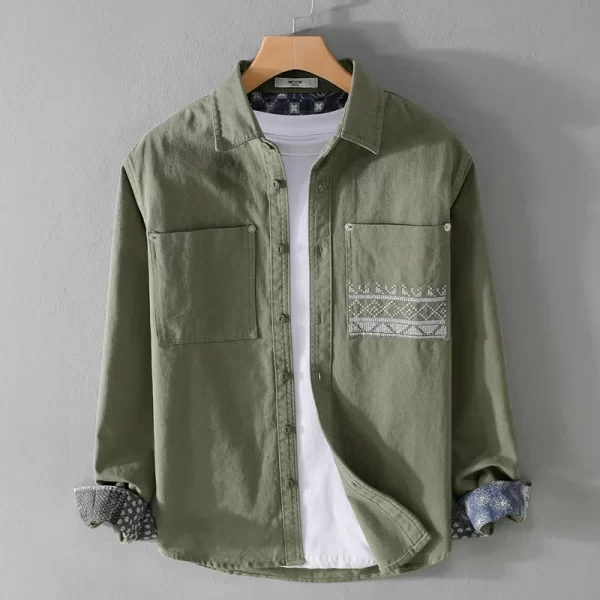 Camisa masculina, manga longa, retrô estampadas em patchwork, bolso, 100% algodão, casuais de negócios, soltas, tops novos de moda, primavera e verão.