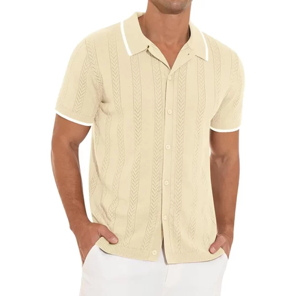 Camisa masculina, manga curta, de malha de lapela de botão, cardigans vintage retalhados, respirável, oca, casual, praia, verão. - Image 5