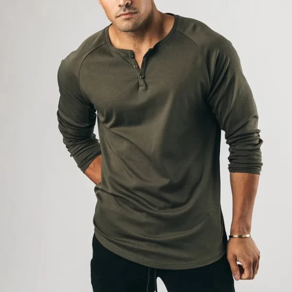 Camiseta manga longa masculina, de botão Henley casual, gola V,  de cor sólida, tops. - Image 8