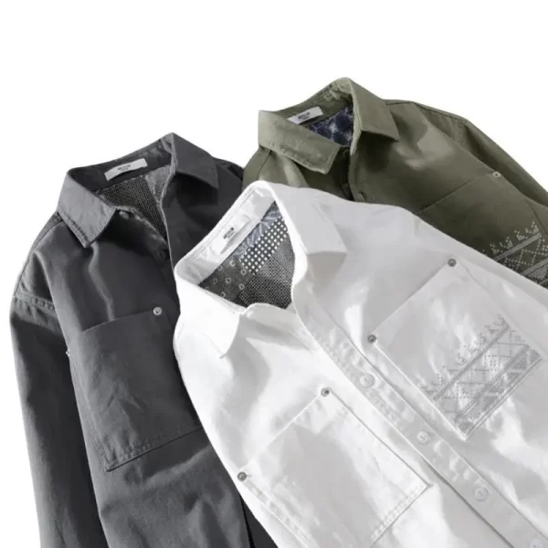 Camisa masculina, manga longa, retrô estampadas em patchwork, bolso, 100% algodão, casuais de negócios, soltas, tops novos de moda, primavera e verão. - Image 5