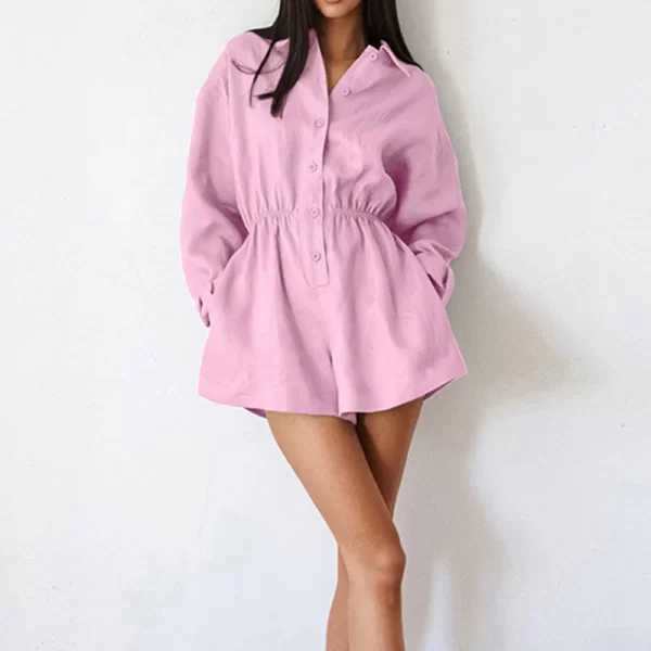 Macacão curto de algodão feminino, gola virada para baixo, de botão, manga comprida, de bolso, monocromático, casual e simples, outono e primavera. - Image 5