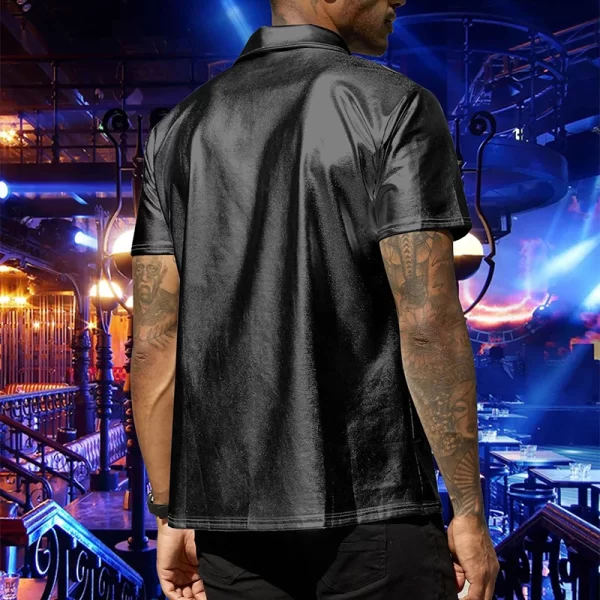 Camisa masculina, manga curta com botão e lapela brilhante, tops monocromáticos, de boate, moda festa, verão. - Image 6
