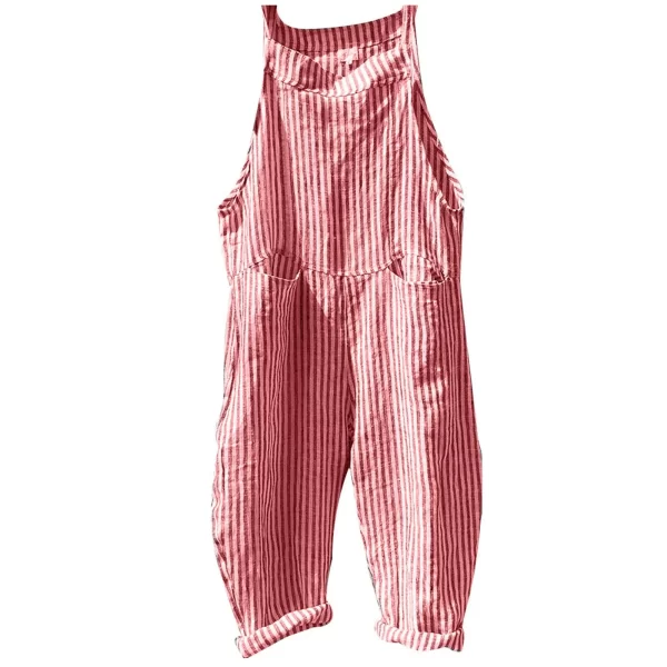 Macacão Listrado impressão Casual feminino, Perna larga Big Pocket Verão, sem mangas, Tornozelo Comprimento geral Streetwear Combinaison. - Image 11