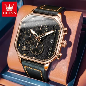 Relógio de pulso quartzo masculino, OLEVS-com Pulseira de Couro, Cronógrafo, Relógio, Impermeável, Luminoso, Mostrador, Vestido, 42mm