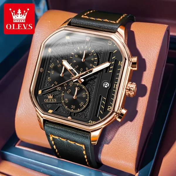 Relógio de pulso quartzo masculino, OLEVS-com Pulseira de Couro, Cronógrafo, Relógio, Impermeável, Luminoso, Mostrador, Vestido, 42mm