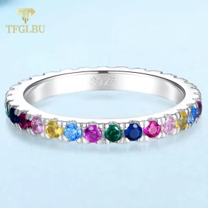 Anel de zircão colorido feminino, TFGLBU, Gem De Corte Redondo, Gem Empilhável, Solid 925 Silver Band, Fine Jewelry, Party Gift, Bonito, Novo, 2mm.