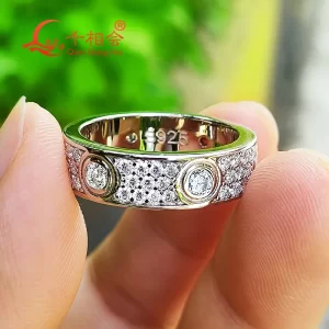 Anel unissex, Clássico Amor Moissanite, de Noivado, 925 Anéis Sólidos de Prata, Três Fileiras de Luxo Eternidade, D VVS