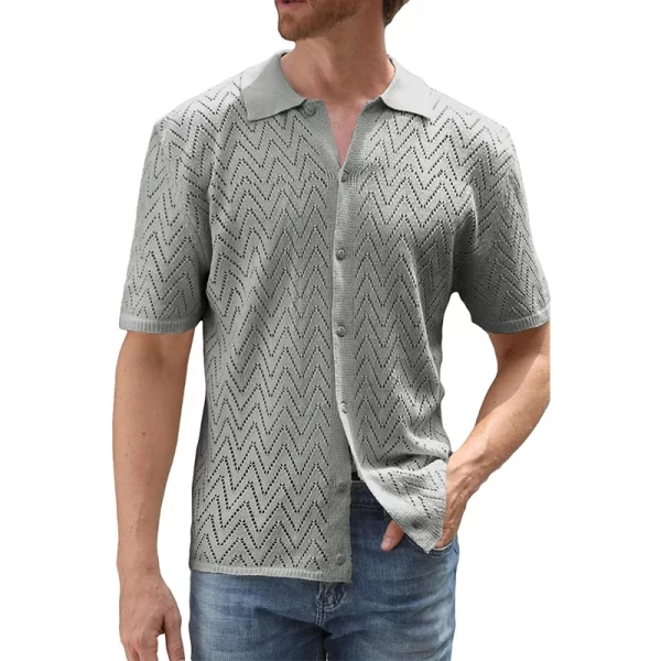 Camisa masculina, manga curta, de malha oca casual respirável, lapela abotoada, de praia, primavera, verão, cor sólida. - Image 11
