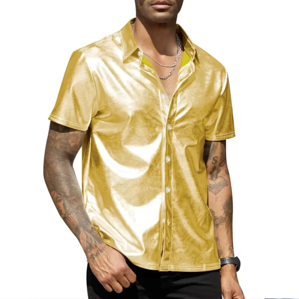 Camisa masculina, manga curta com botão e lapela brilhante, tops monocromáticos, de boate, moda festa, verão. - Image 7