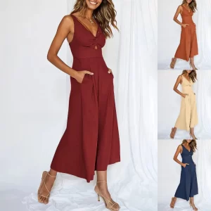 Macacão de cintura alta com decote em v feminino, sem costas, oco, sem mangas, elegante, perna larga, sexy, novo.