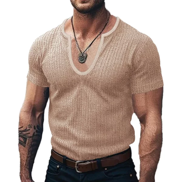 Camiseta masculina manga curta, respirável, casual, pulôver fino sólido,  com decote em U, roupa de verão, novo estilo, moda. - Image 3