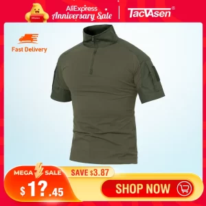 Camiseta masculina manga curta, Tacvasen, com bolsos com zíper, cor sólida, estilo safári, para caminhadas, roupas de trabalho, verão.