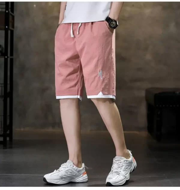 Bermuda masculina,  de bolso, de seda gelo clássico, fino, solto, cordão para cintura, moda casual, verão. - Image 2