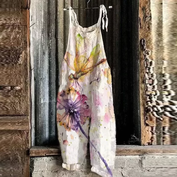 Macacão feminino sem mangas , estampa casual solta,  de cinta retrô, harem, uso geral, verão. - Image 11