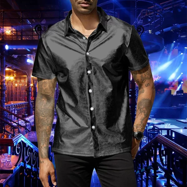 Camisa masculina, manga curta com botão e lapela brilhante, tops monocromáticos, de boate, moda festa, verão. - Image 5
