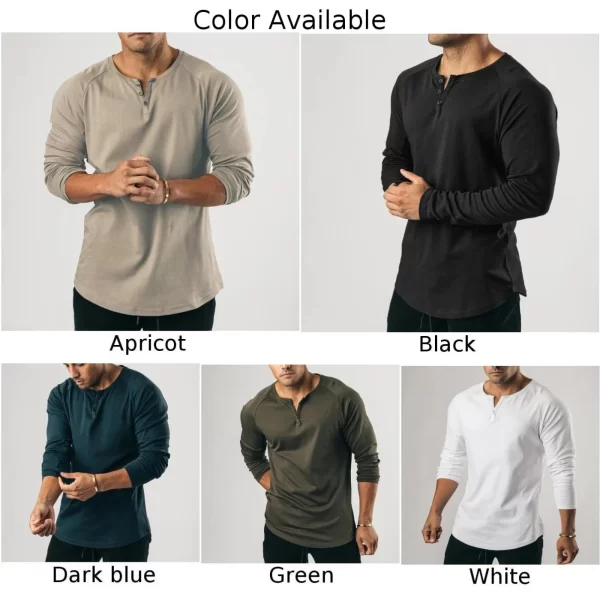 Camiseta manga longa masculina, de botão Henley casual, gola V,  de cor sólida, tops. - Image 6