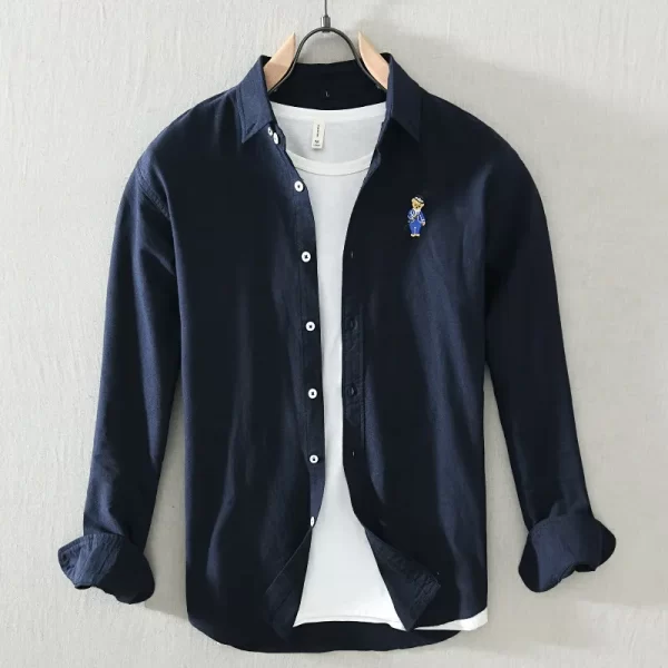 Camisa masculina, manga longa, Alta Qualidade 100% Algodão Japonês, Cor Sólida Casual, Pouco Urso Bordado Camisa Fit GZ10. - Image 4