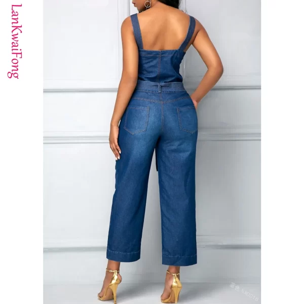 Macacão jeans feminino, slim fit, fosco, cinto branco, reto, pendulares, moda casual. - Image 5